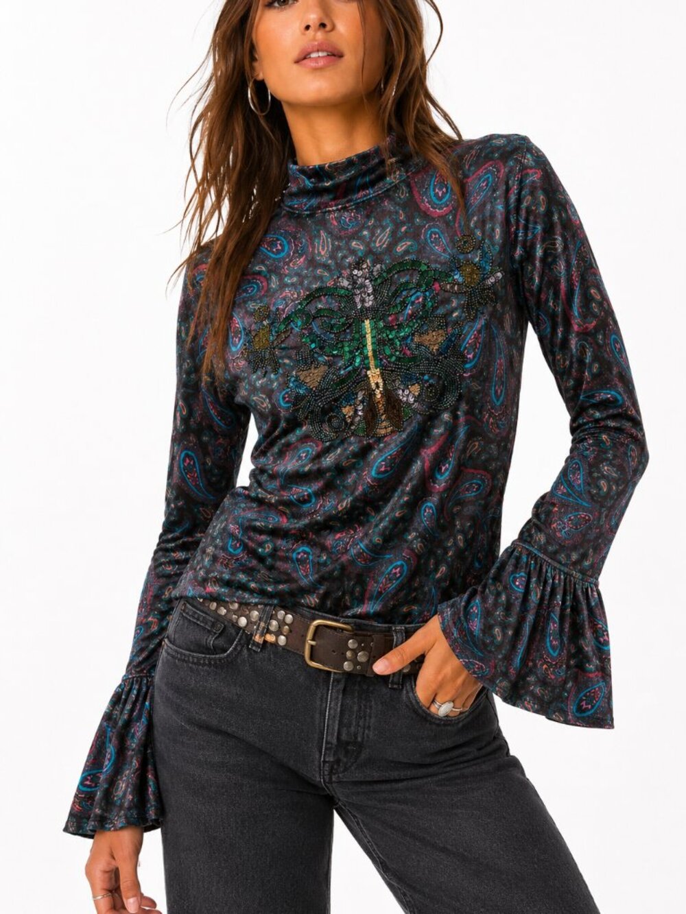 Free People We the Free Velvet Paisley Bell Sleeve Top Mock Neck Small